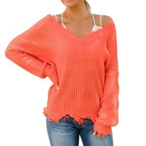 Commitment to Cool Orange Distressed Sweater V Neck